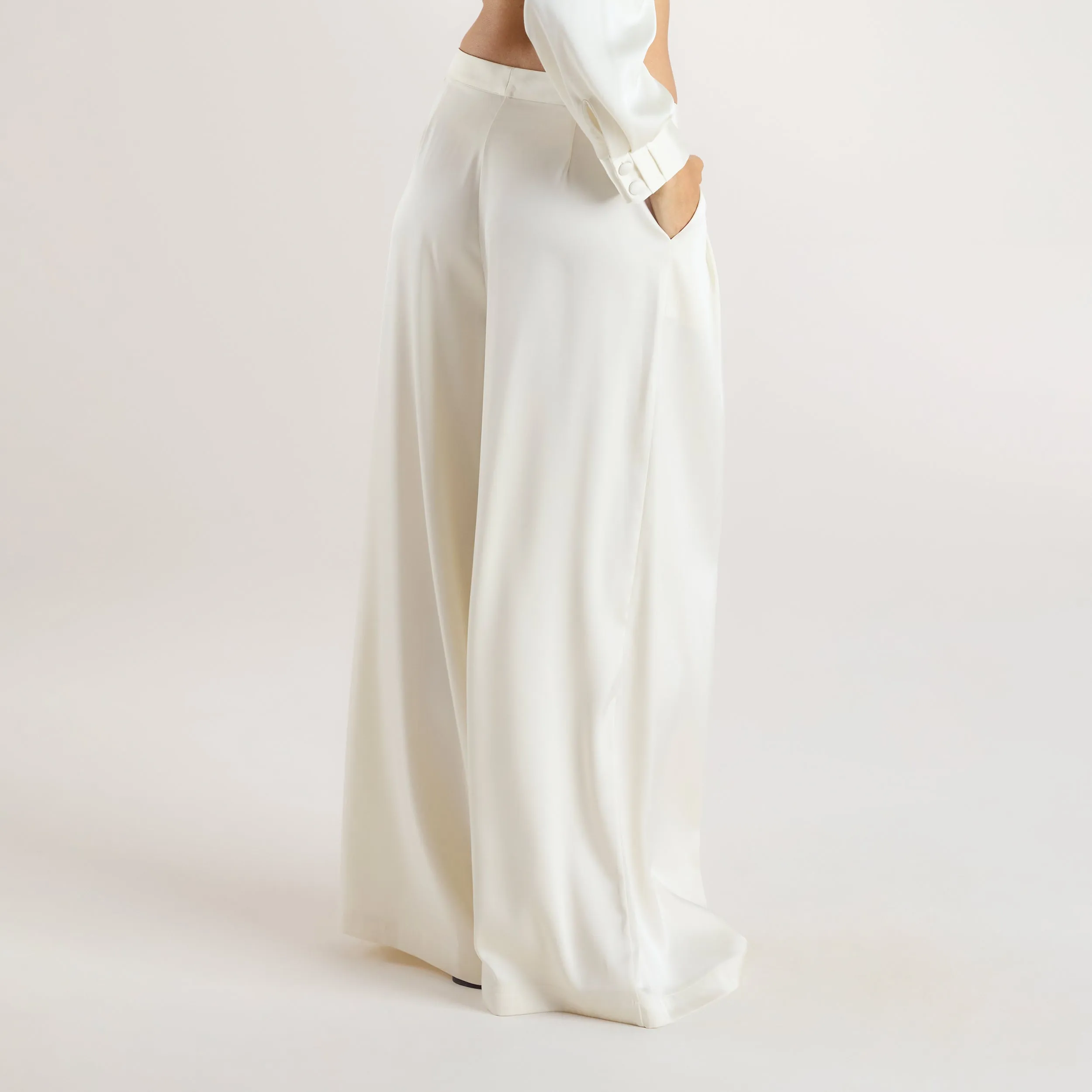 Mimi Satin Pleated Pants - Cream MoistureWickingLining Smooth Finish
