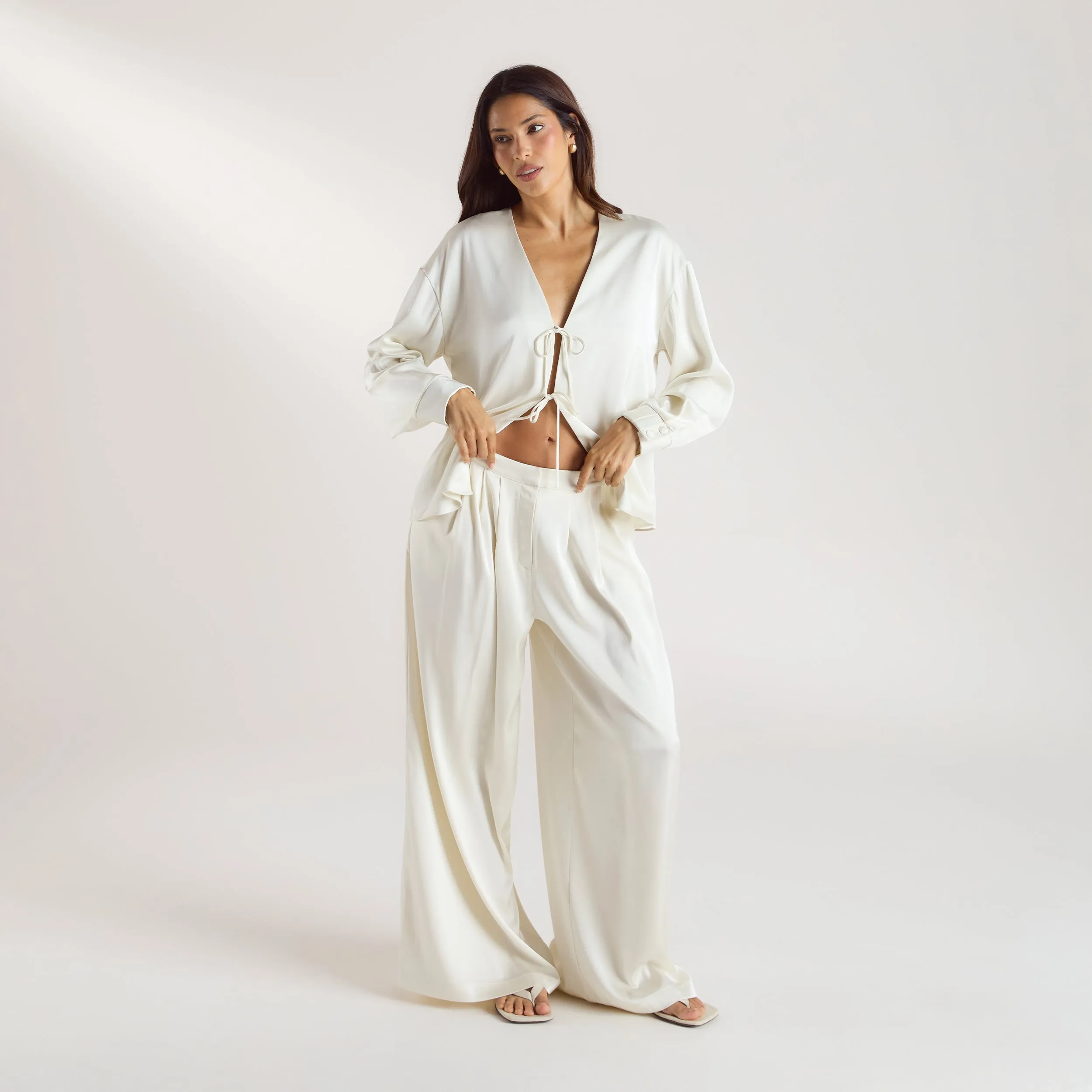 Mimi Satin Pleated Pants - Cream Belt loops