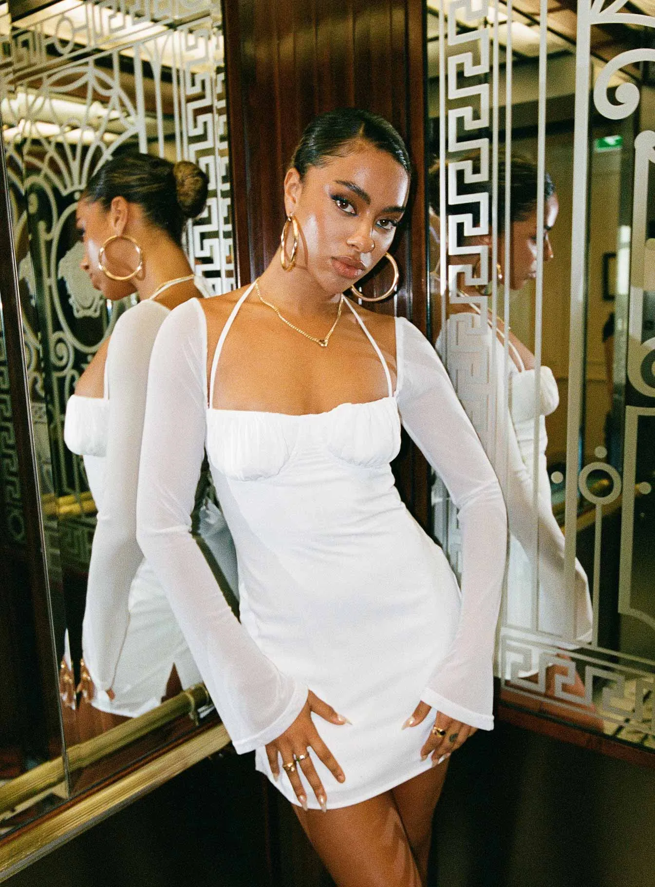 Soft and Stylish UV-Resistant Dyer Sheer Sleeve Mini Dress White