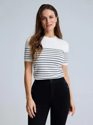 Elastic Seamless Design Striped Short Sleeve Cable Knit Sweater