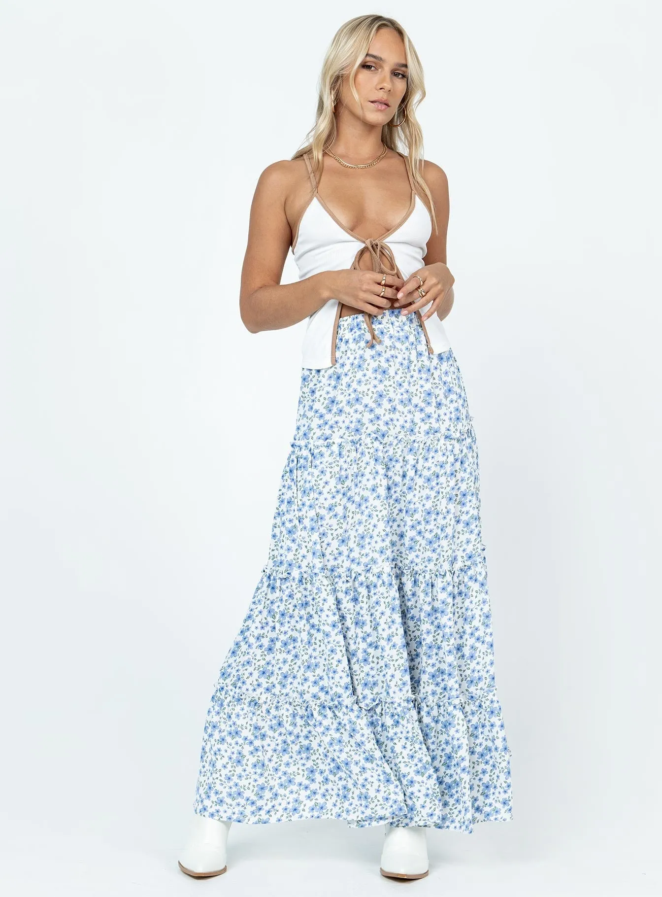 Miriah Maxi Skirt Blue Floral Easy Vibe Odor Resistant Treatment