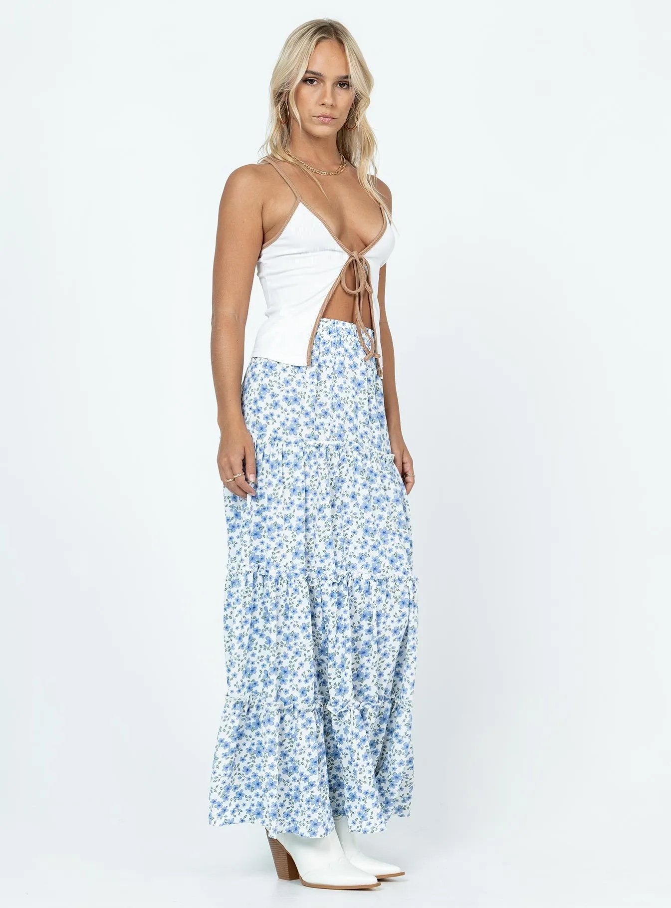 Miriah Maxi Skirt Blue Floral Metallic Finish