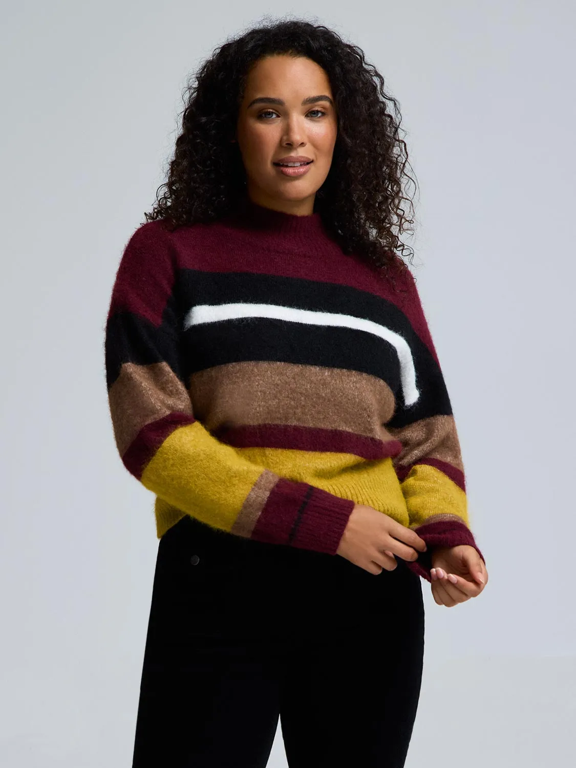 Mock Neck Striped Fuzzy Sweater LowImpact Dye Process Everyday Classic