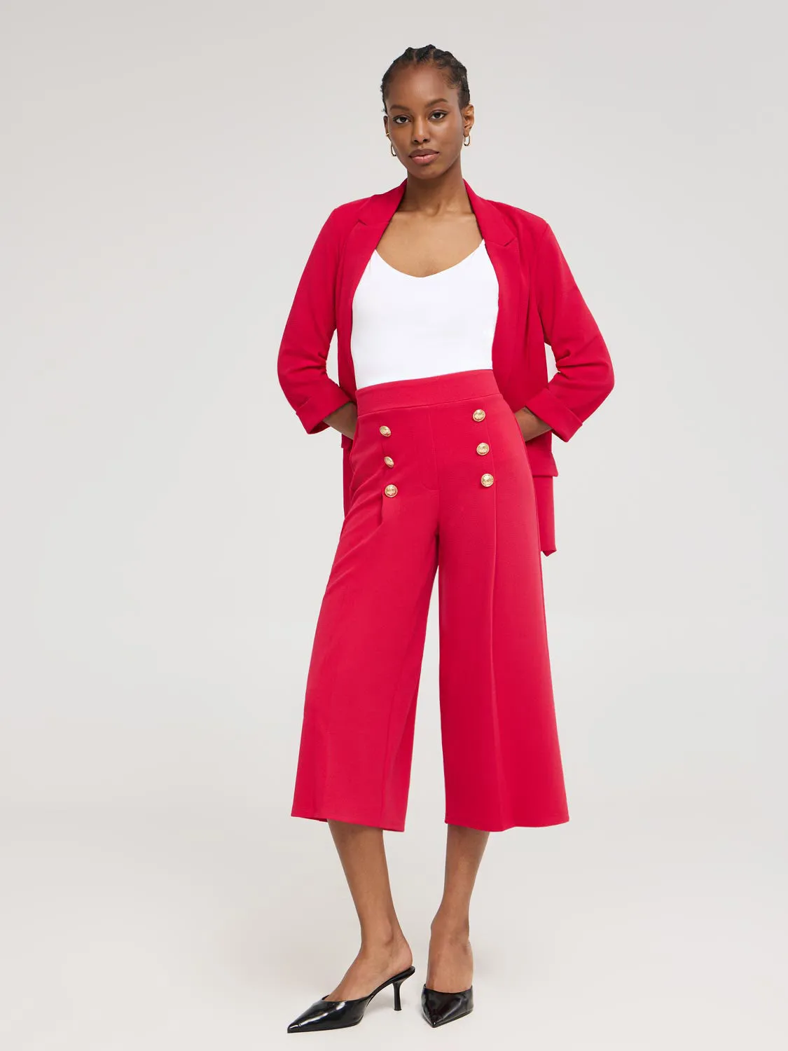 Slip Resistant Wide-Leg Gaucho Pants With Button Details
