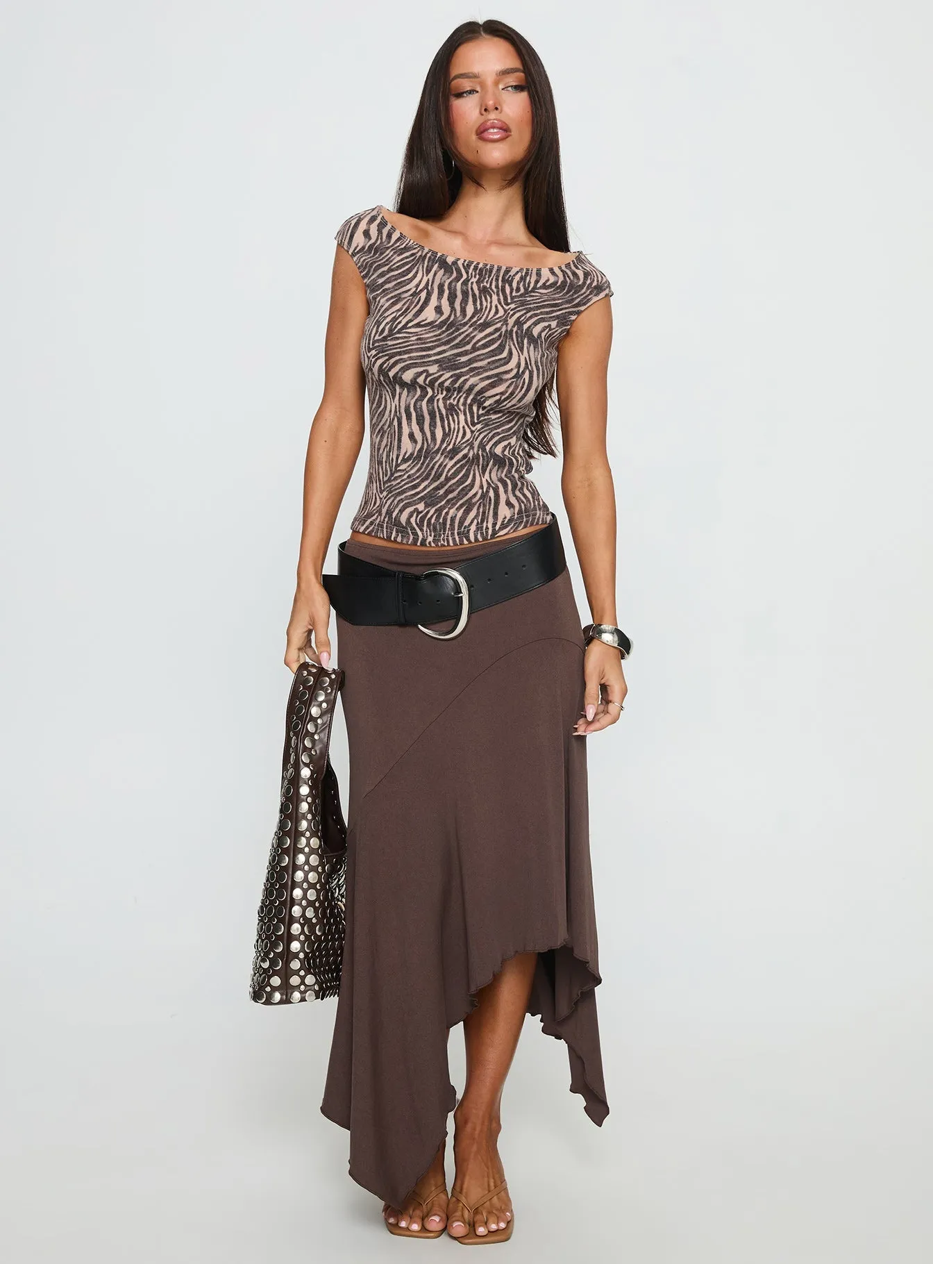 Futura Asymmetrical Midi Skirt Chocolate Polished Style mix and match