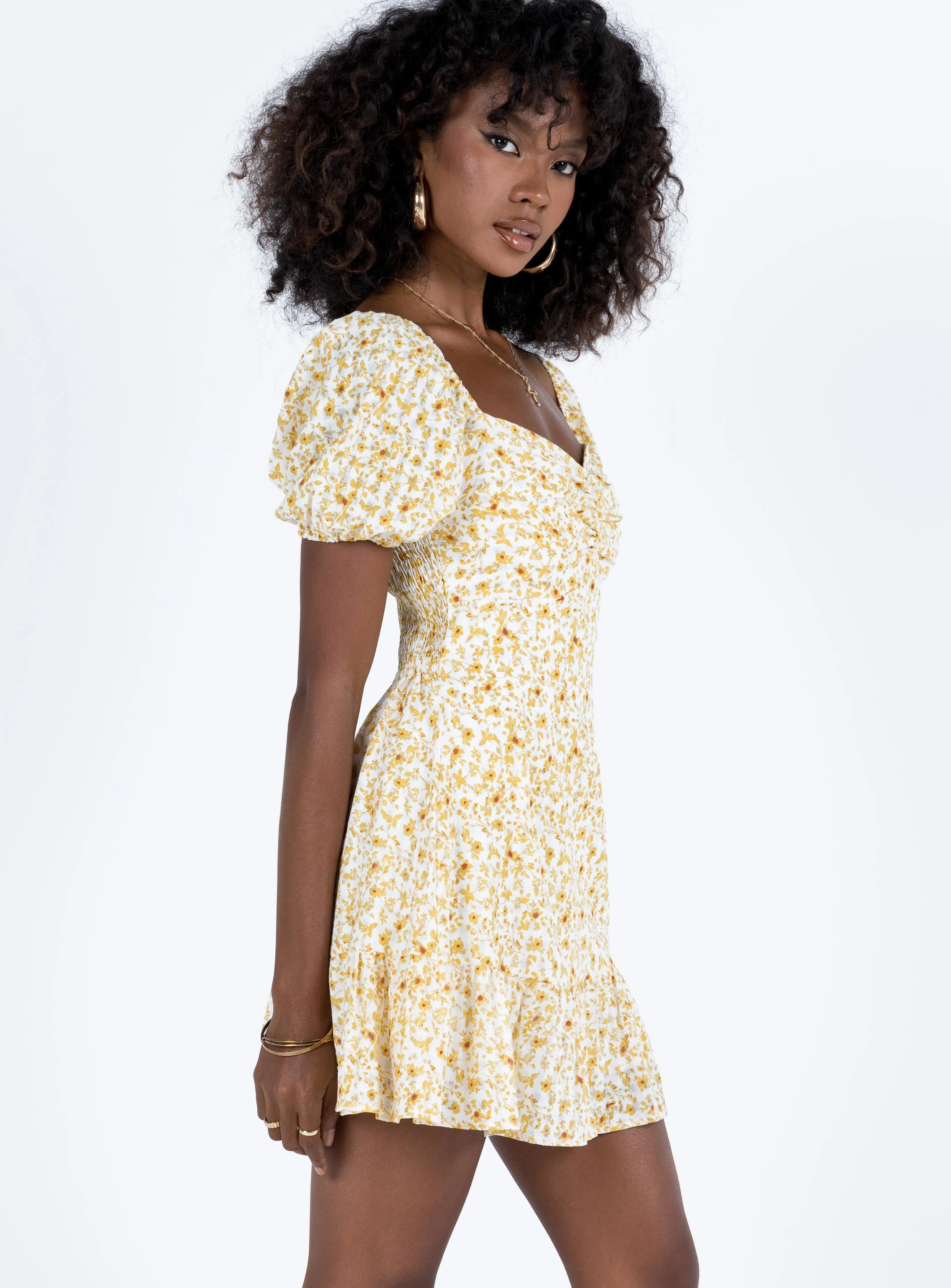 Polite Color Kaori Mini Dress Yellow Floral