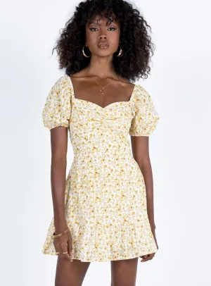 Kaori Mini Dress Yellow Floral Cafe Vibe