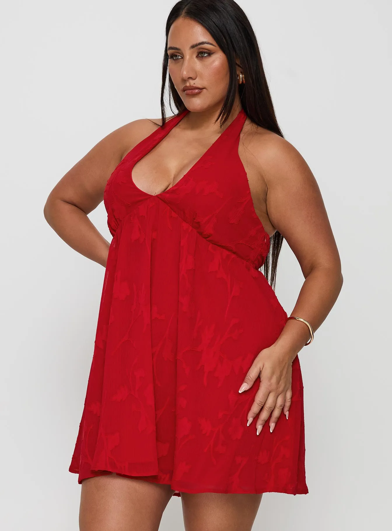 Moriah Halter Mini Dress Red Curve flowy style