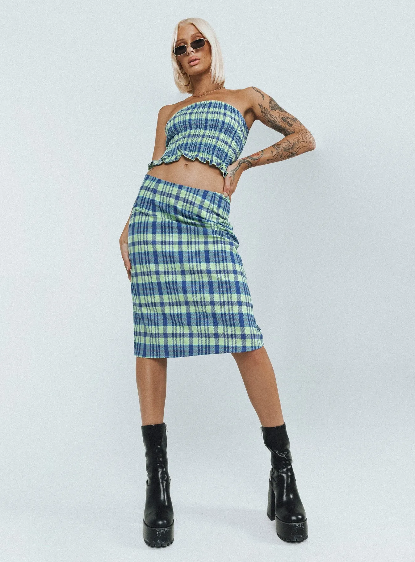 Motel Harriet Skirt Colourpop Check Blue Vibrant Flow Easy Fashion