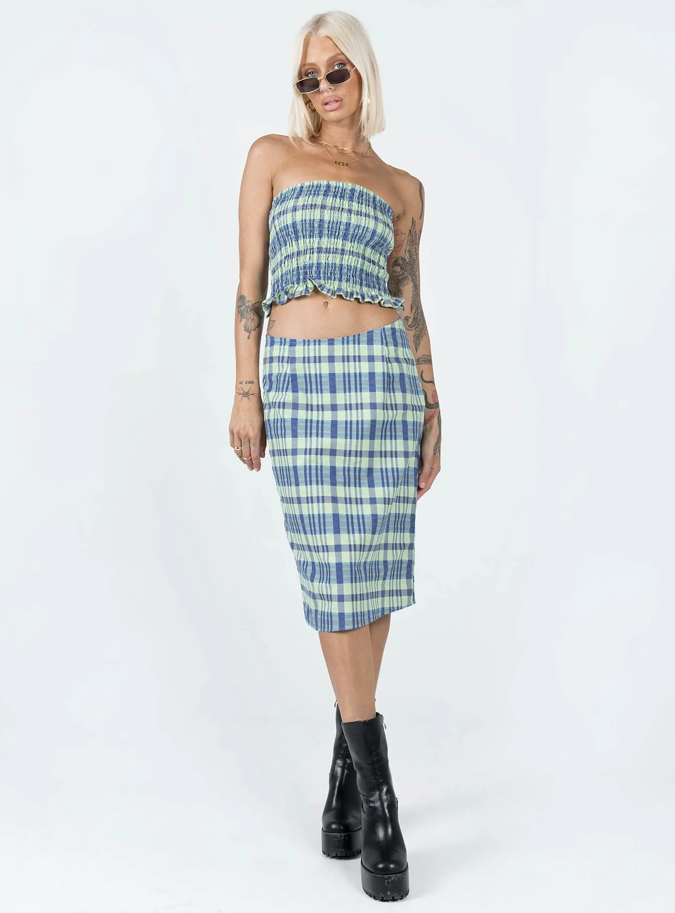 Thermoregulating Fabric Layered Hem Motel Harriet Skirt Colourpop Check Blue