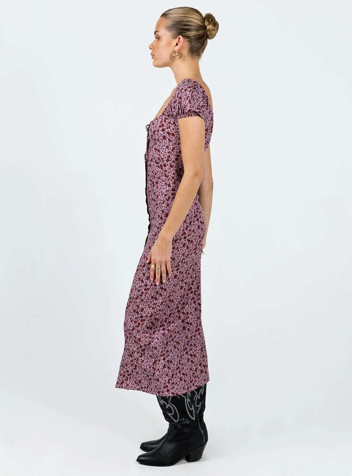 Motel Larson Dress 90s Floral Burgundy Day Fit Natural Fit
