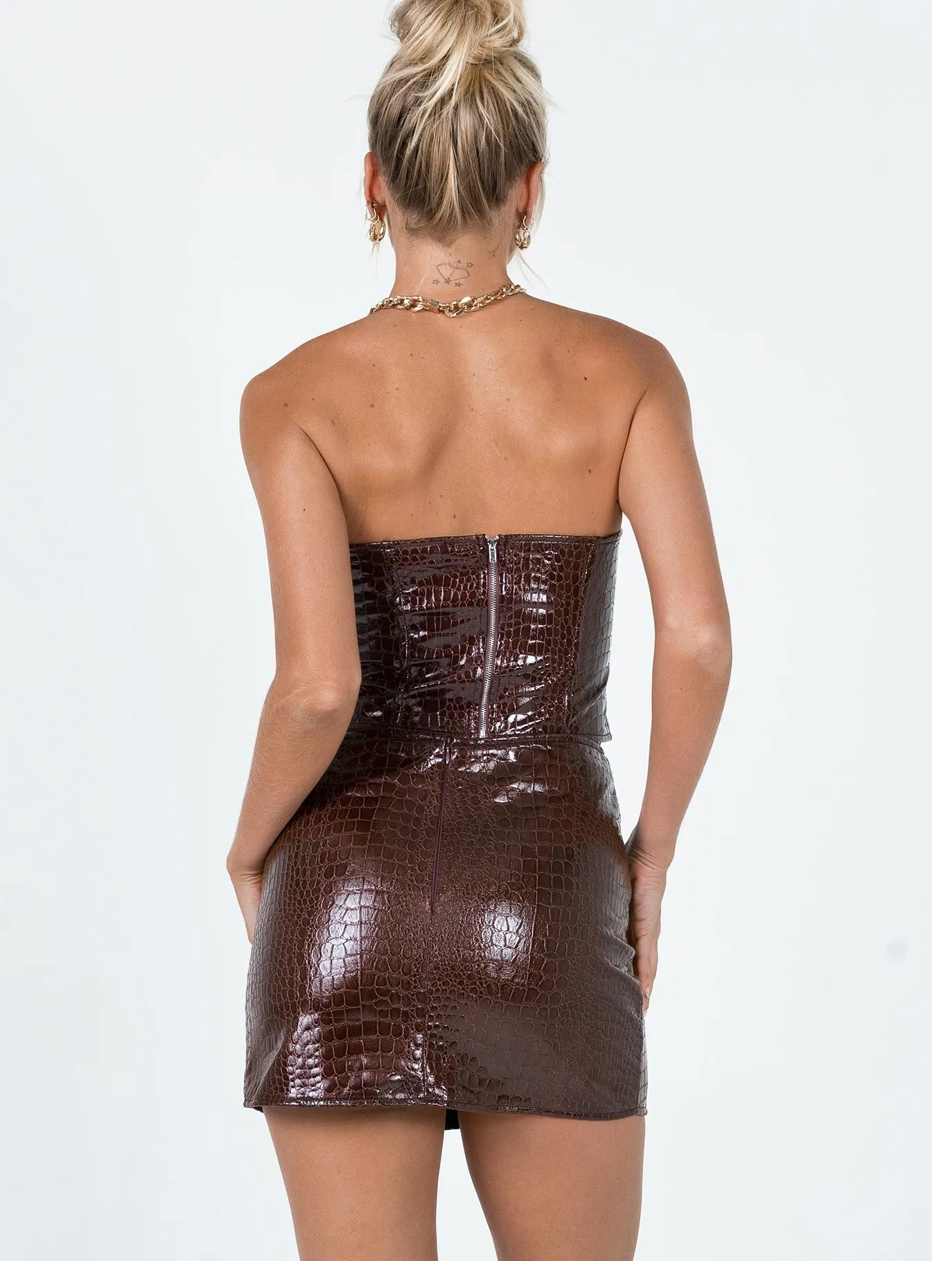 Motel Wren Skirt Croc PU Dark Brown Laid Back Look
