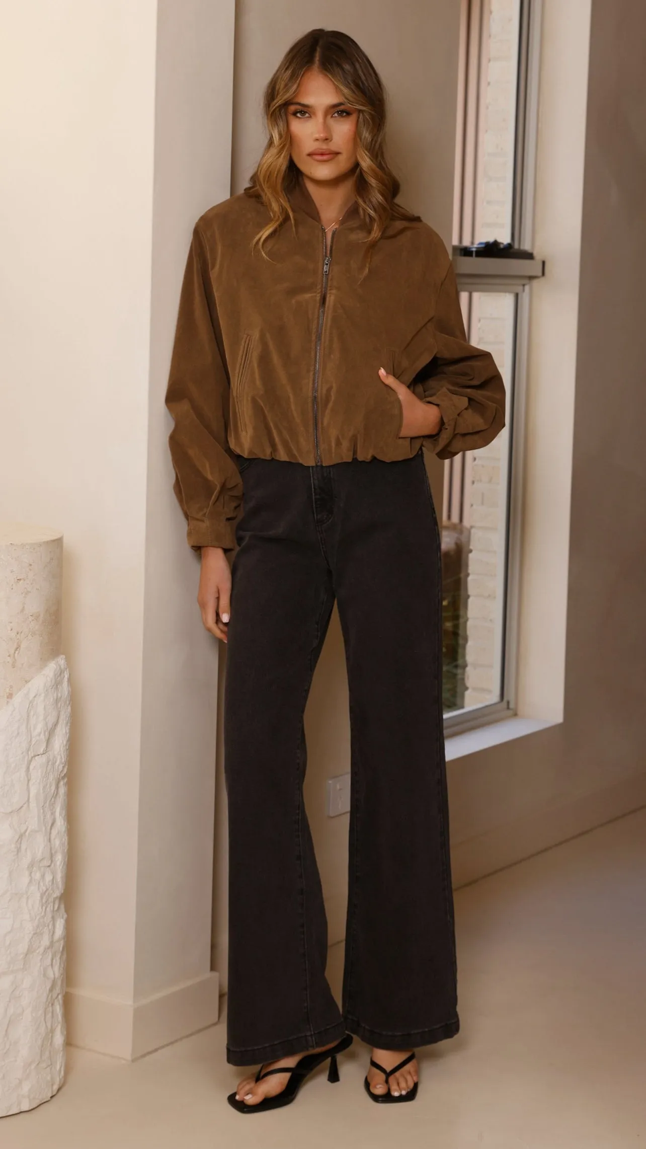 Sloane Bomber Jacket - Brown Shawl Lapel Impact Absorbing Back Panels