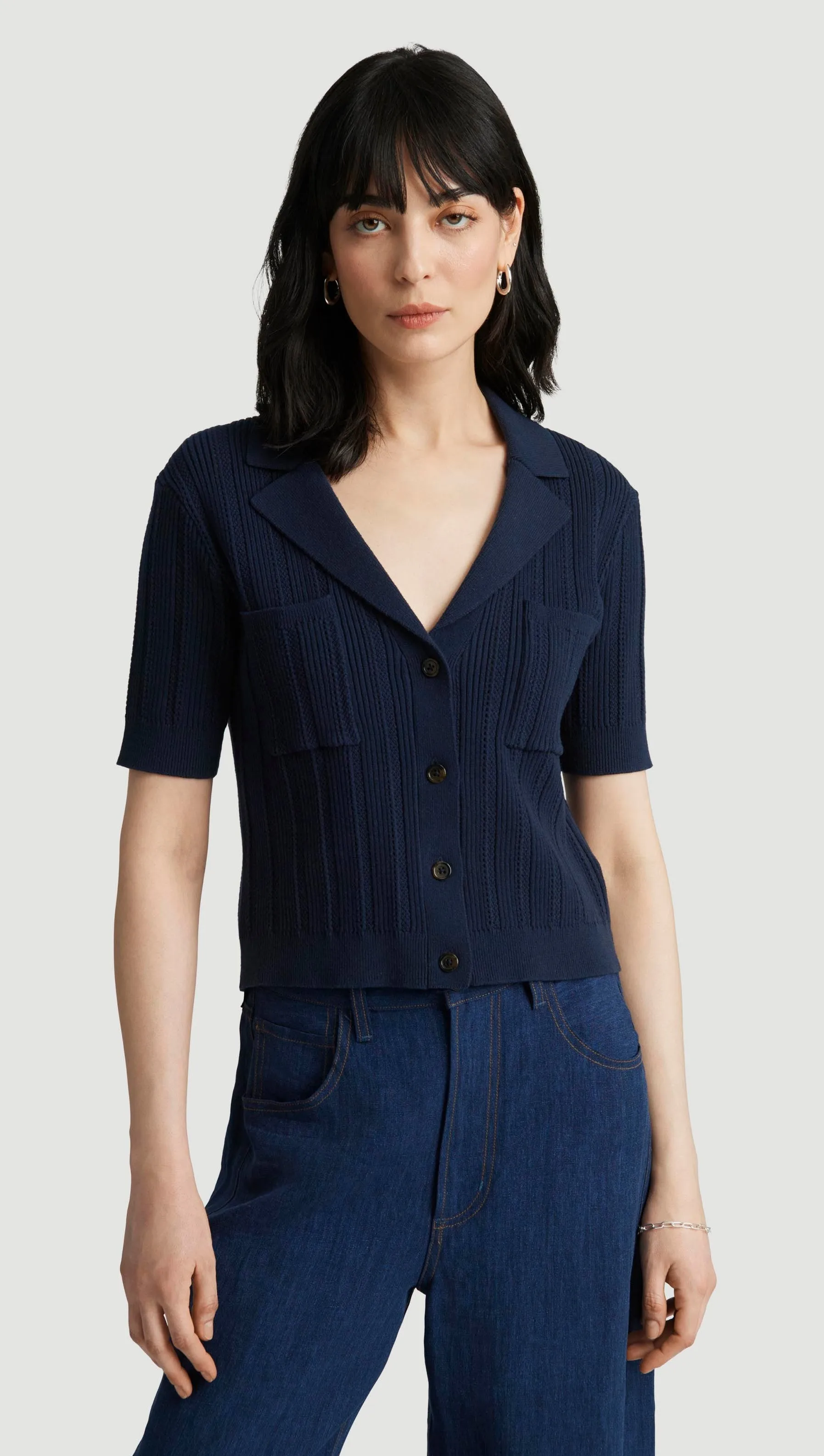 Textured Surface EcoFriendly Dye Collared Pocket Knit in Cotton | Midnight