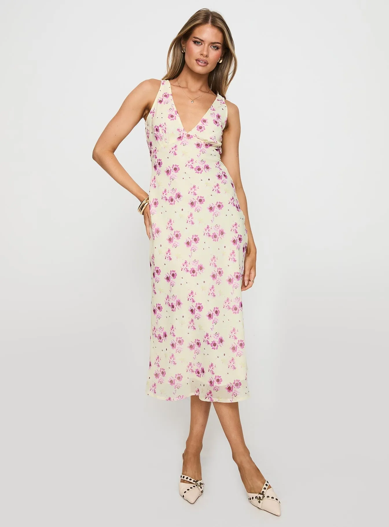 Nellie Midi Dress Yellow Floral Elegant Comfort