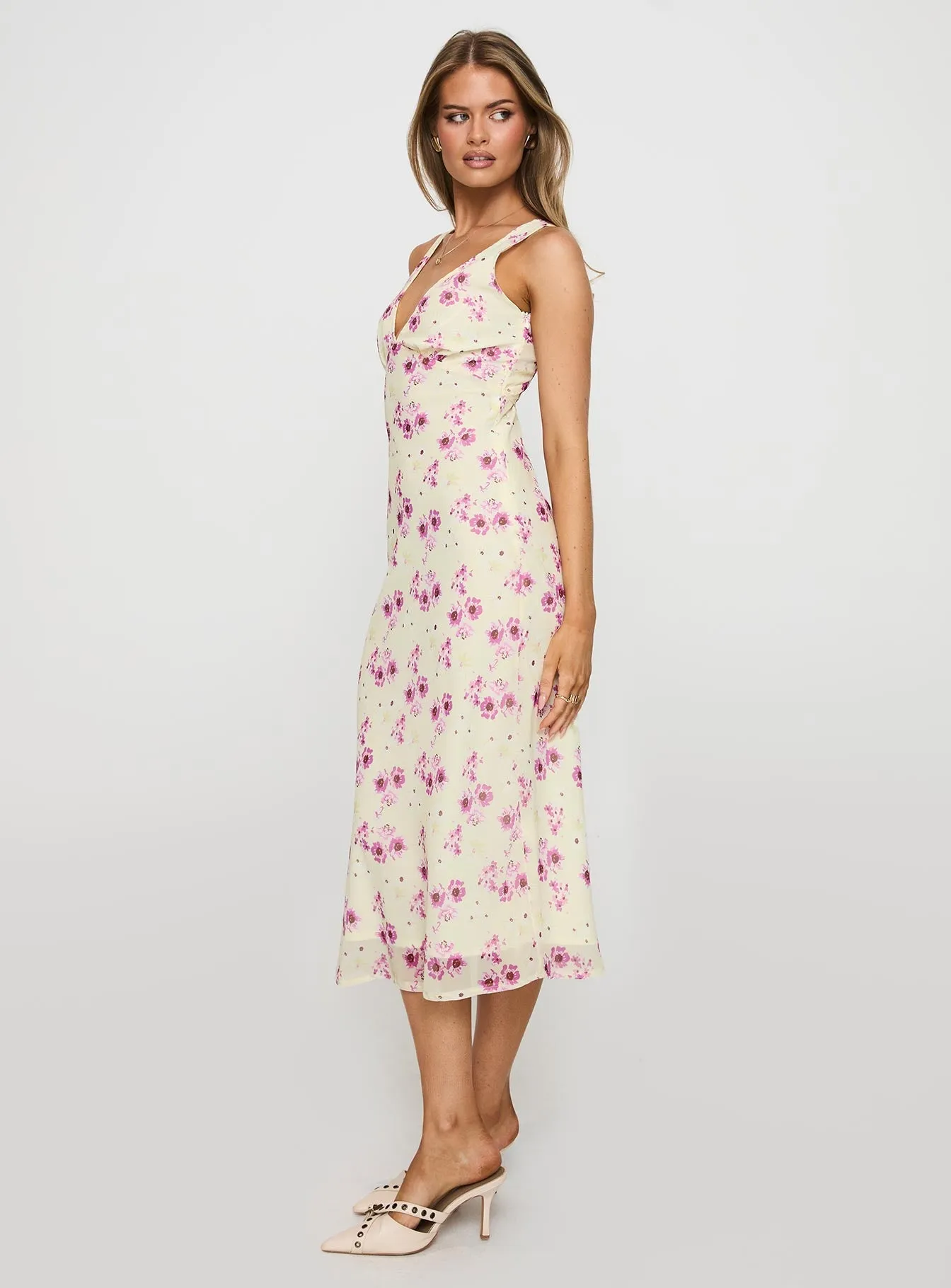Nellie Midi Dress Yellow Floral Soft Detail