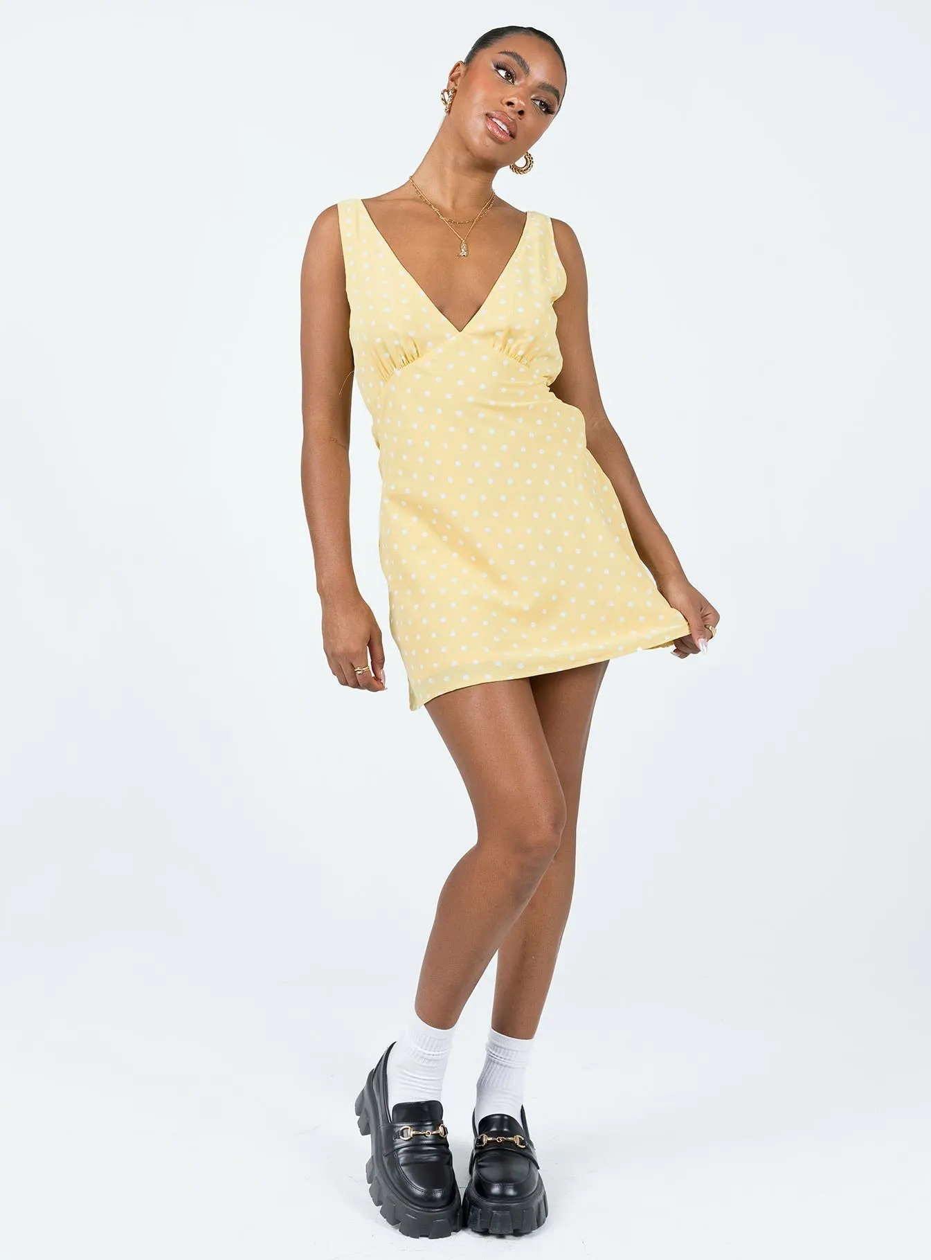 Nellie Mini Dress Yellow Polka Dot Dropped-Waist TemperatureRegulatingFabric