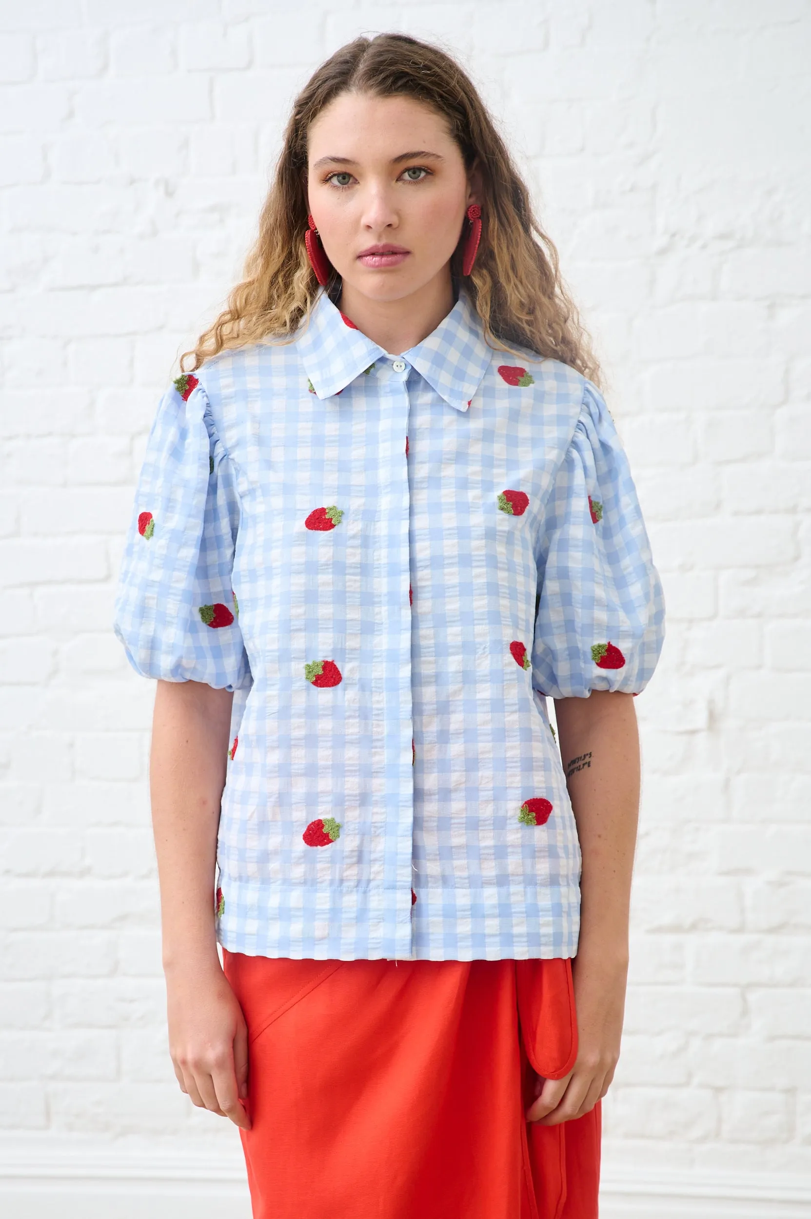 Balloon Sleeve Shirt in Strawberry Gingham Casual Touch Eco Friendly Dye