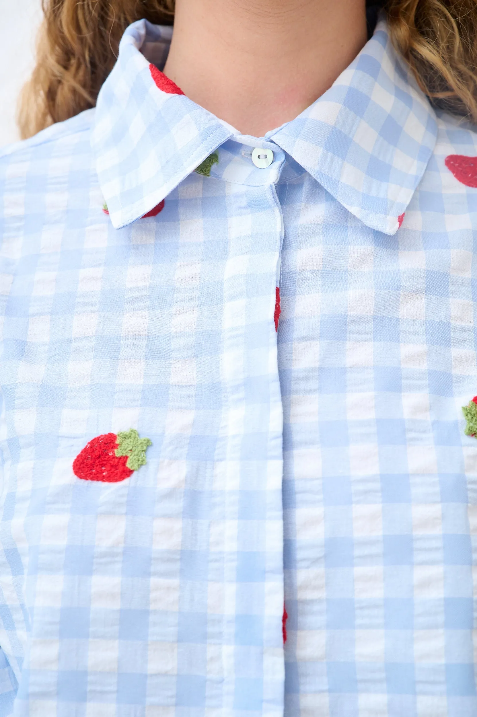 Edgy EasyCare Fabric Balloon Sleeve Shirt in Strawberry Gingham