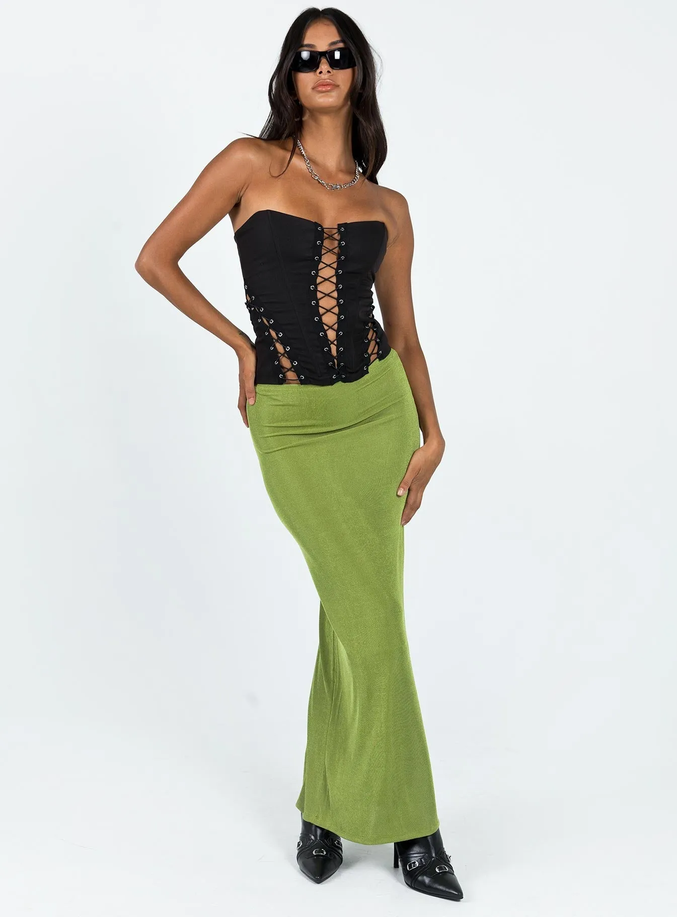 Media Feature Wrap Front Harriette Maxi Skirt Green