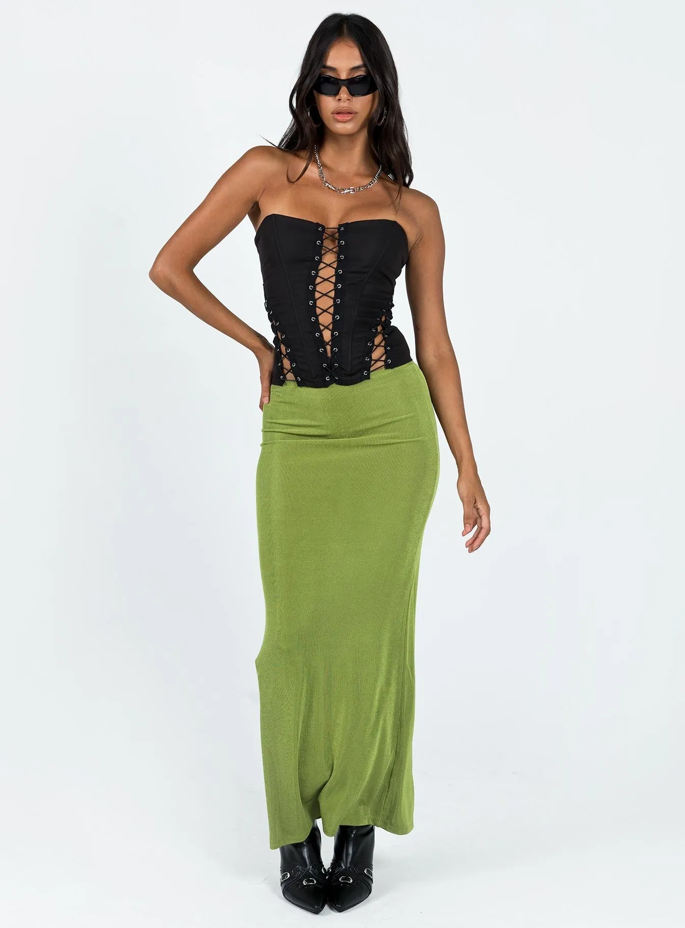 Harriette Maxi Skirt Green Smooth Layer Fresh Style