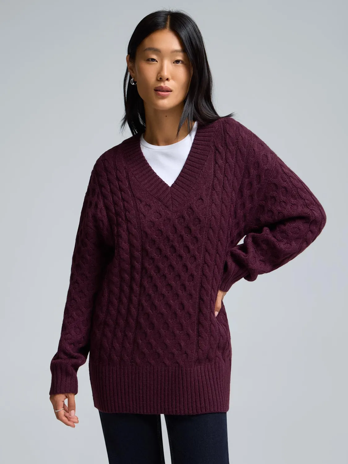 V-Neck Cable Knit Sweater Light Weight