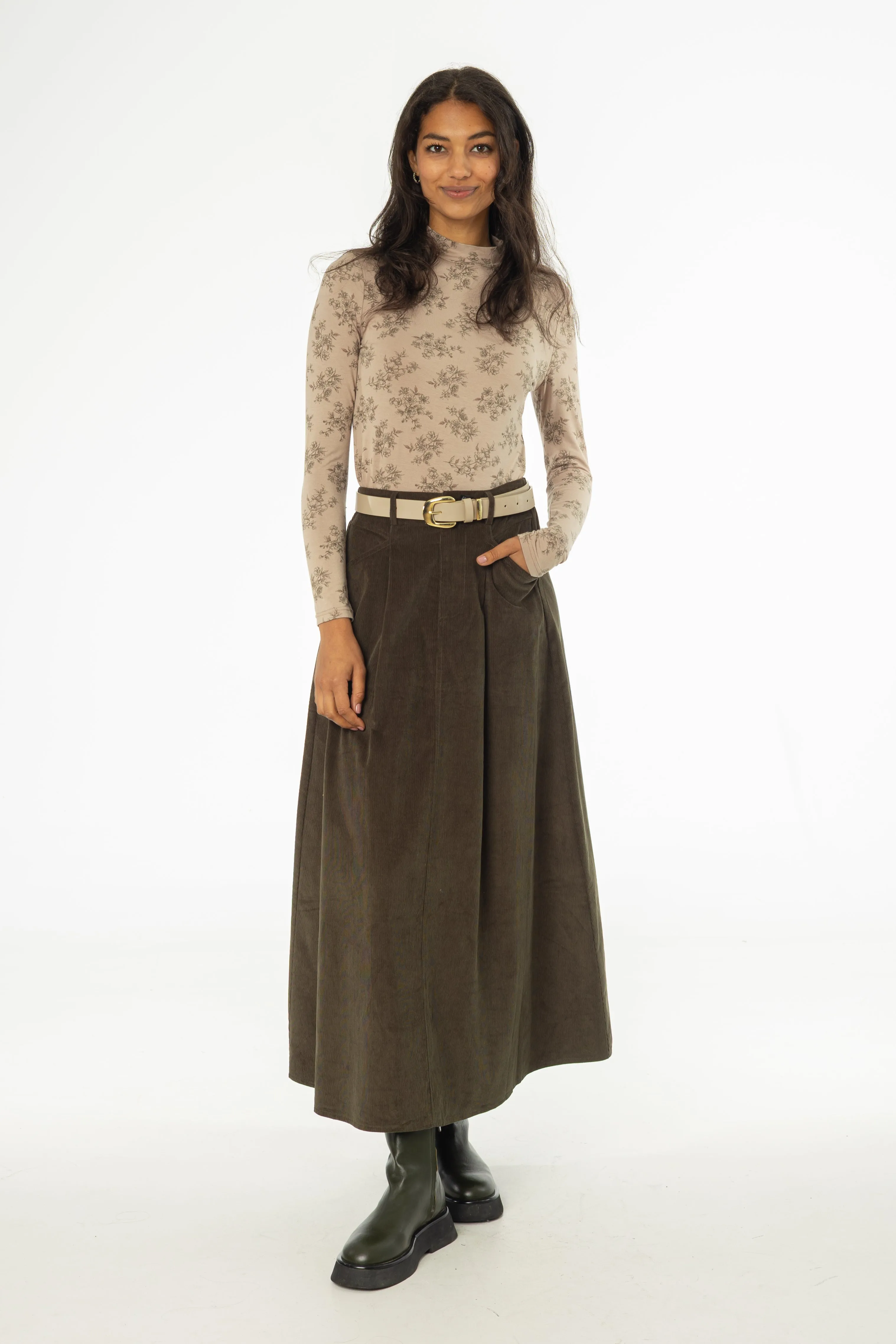 Crisscross Details Olive Cargo Corduroy Maxi Skirt