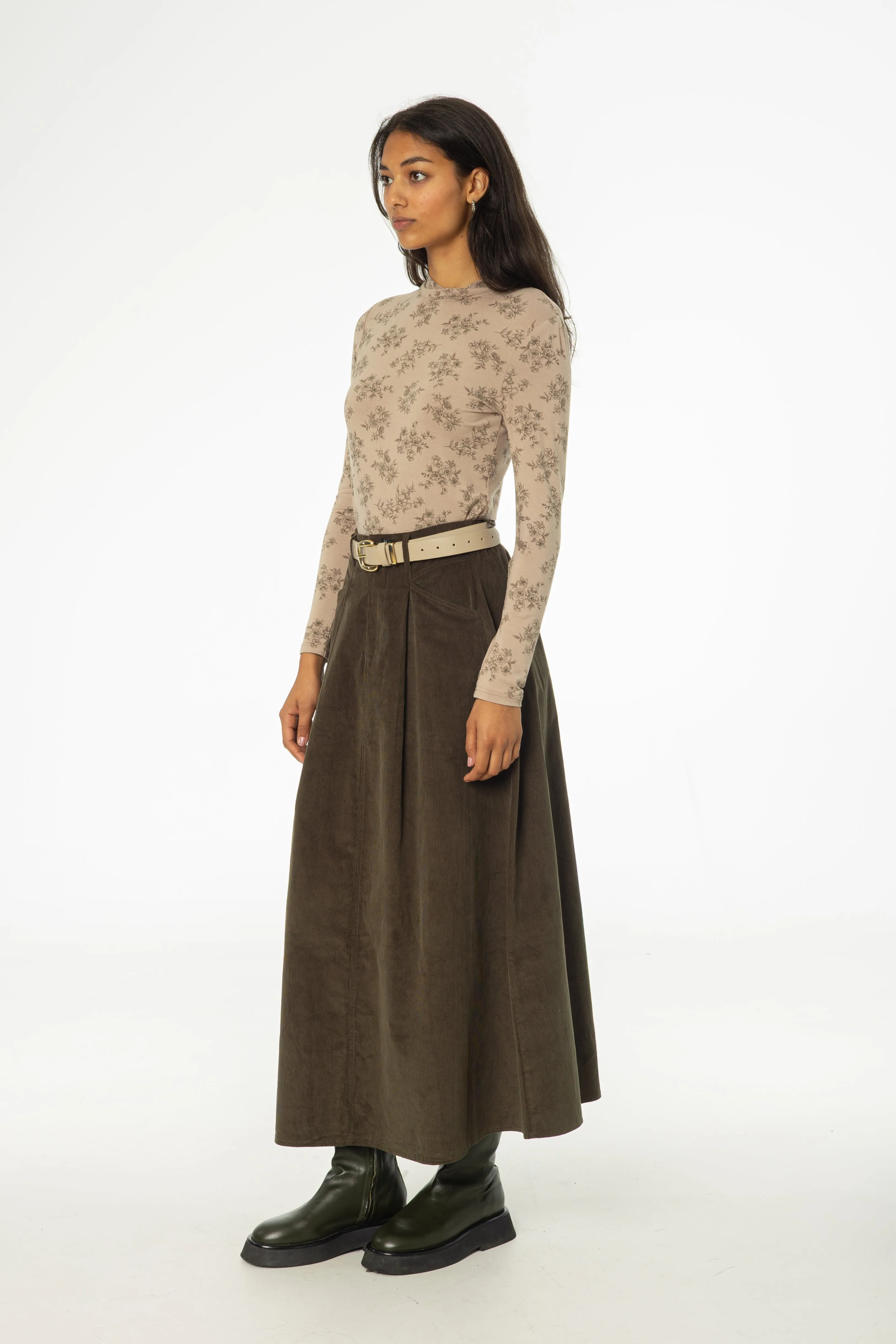 Street Vibe Slim Fit Band Olive Cargo Corduroy Maxi Skirt