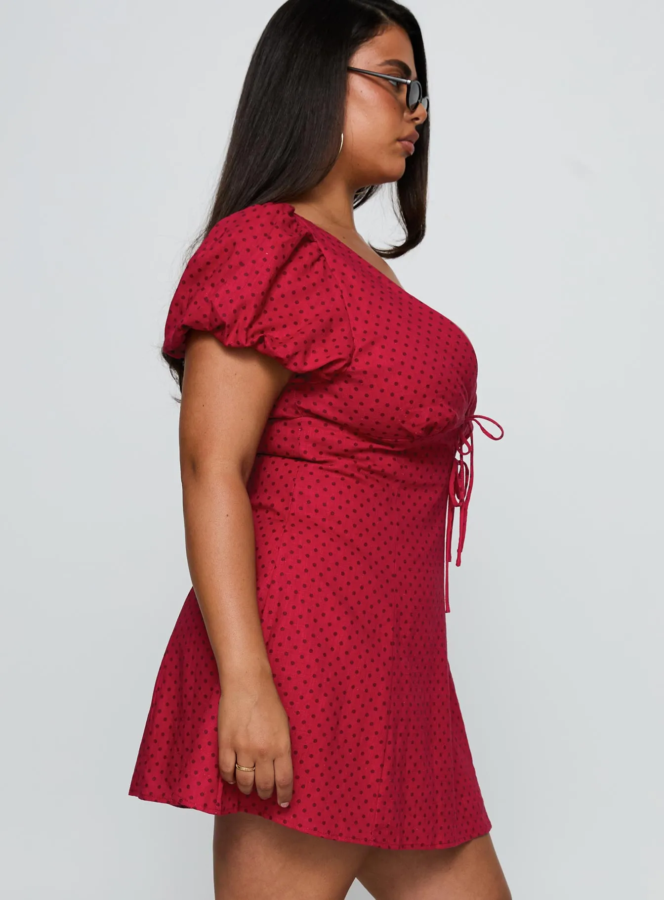 Sophisticated Tailoring Beloved Puff Sleeve Linen Blend Mini Dress Red Polka Curve
