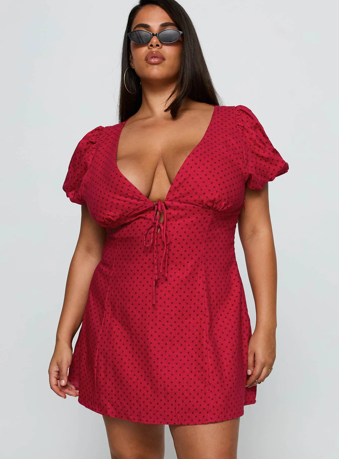 Pastel-Tone Hook-And-Eye Beloved Puff Sleeve Linen Blend Mini Dress Red Polka Curve