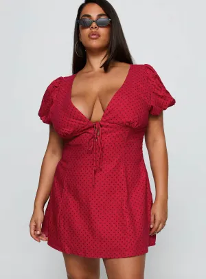 Pastel-Tone Hook-And-Eye Beloved Puff Sleeve Linen Blend Mini Dress Red Polka Curve