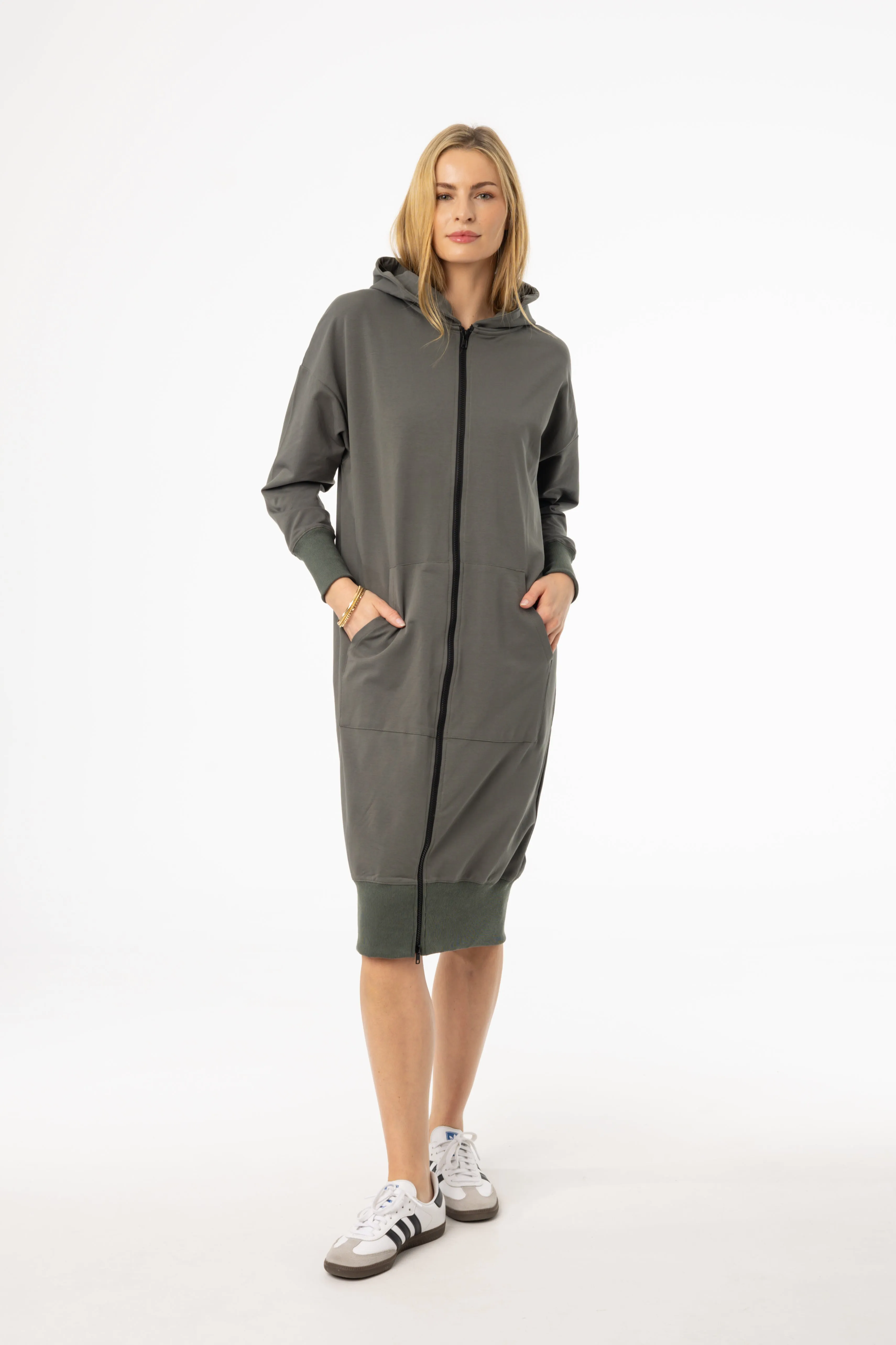 Interchangeable-Detail Statement-Piece Sea Green Zipper Sweatshirt Dress