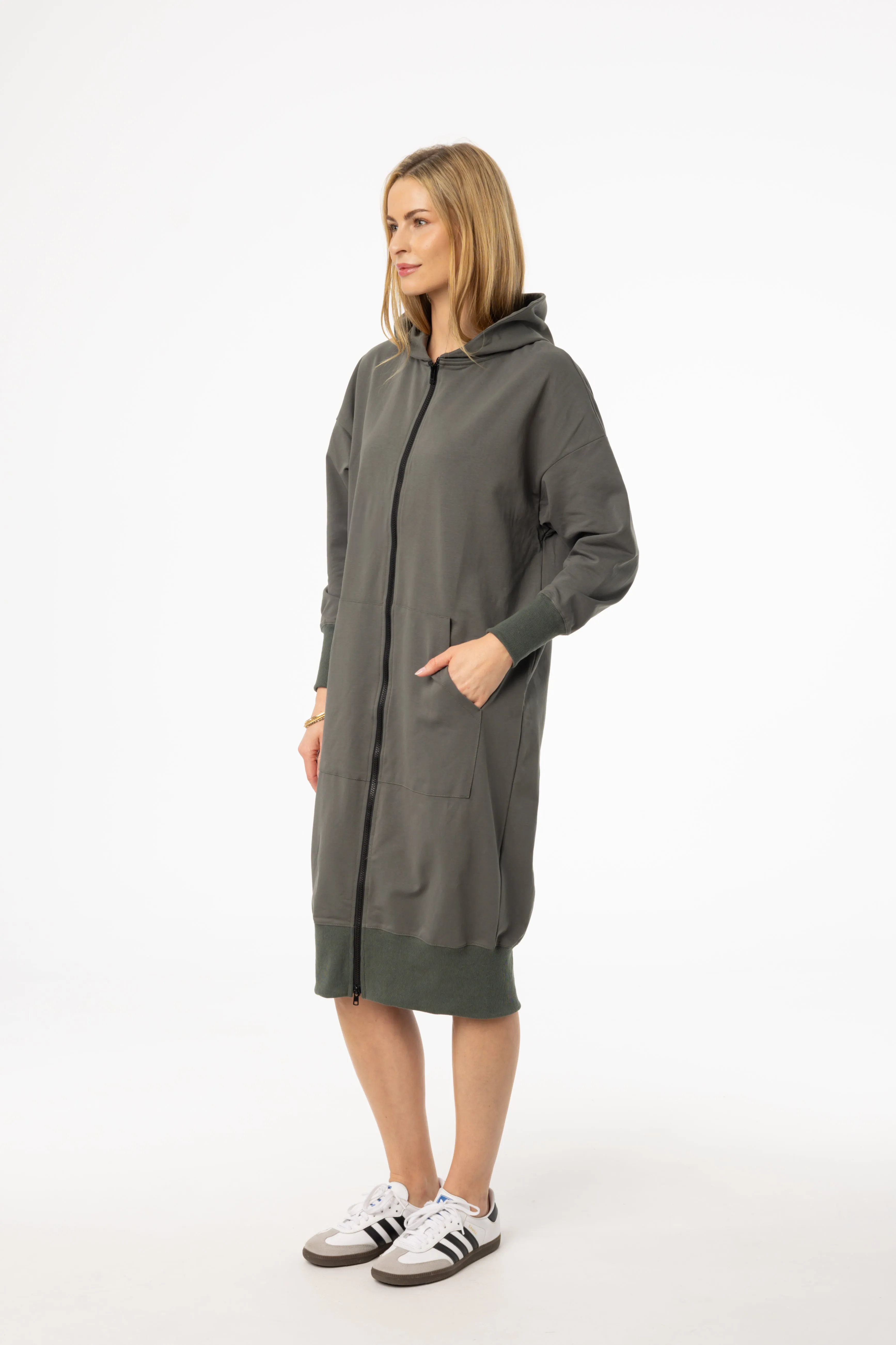 Gathered-Detail Sea Green Zipper Sweatshirt Dress