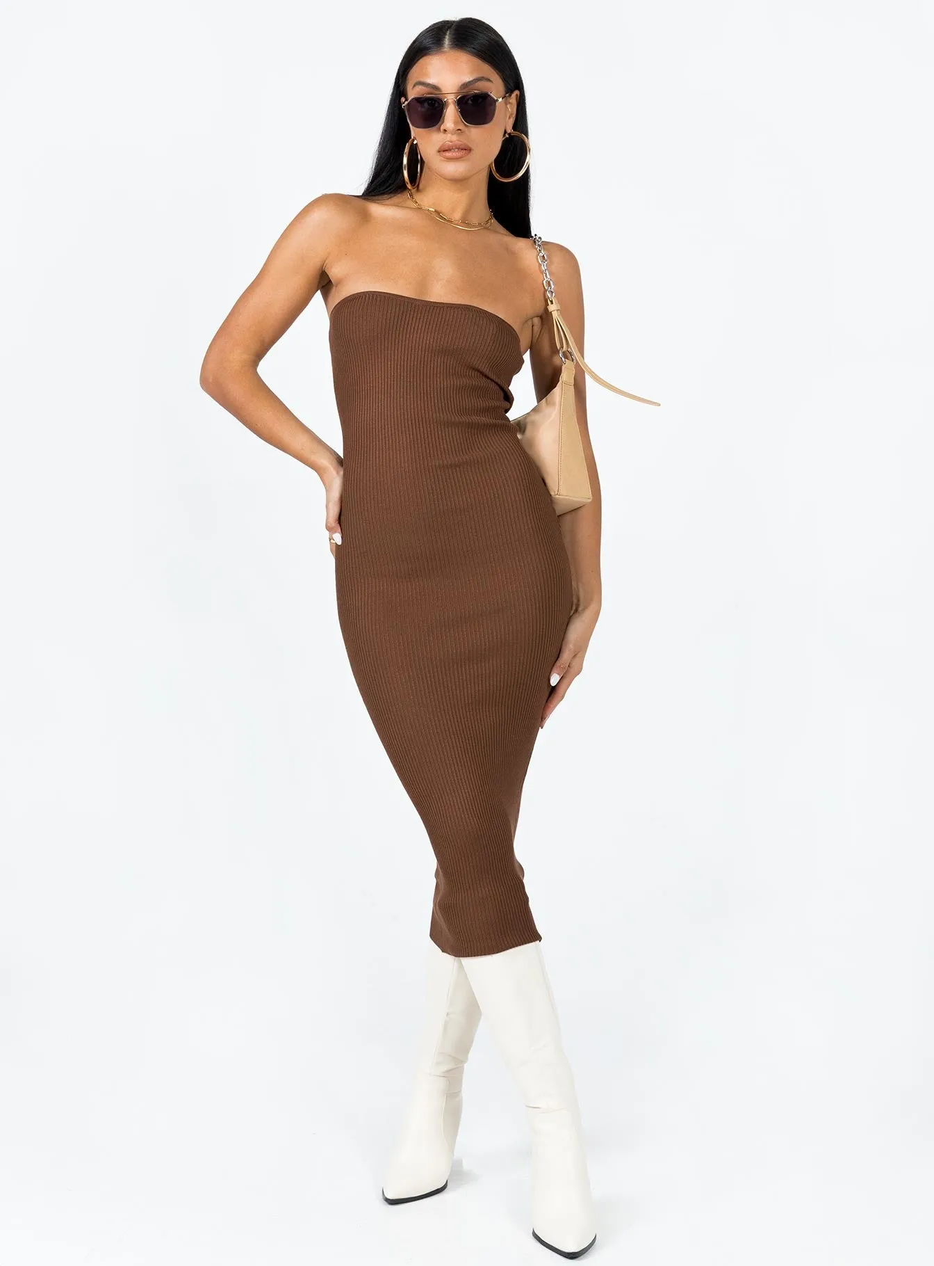 Beaded-Edge Paige Strapless Maxi Dress Brown