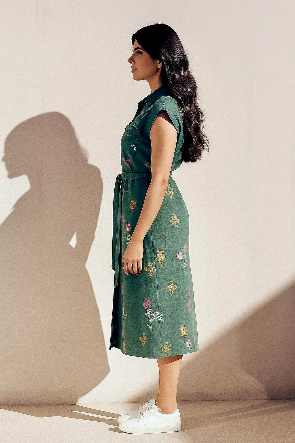 Painterly Green Floral Button Down Dress Fall Inspired