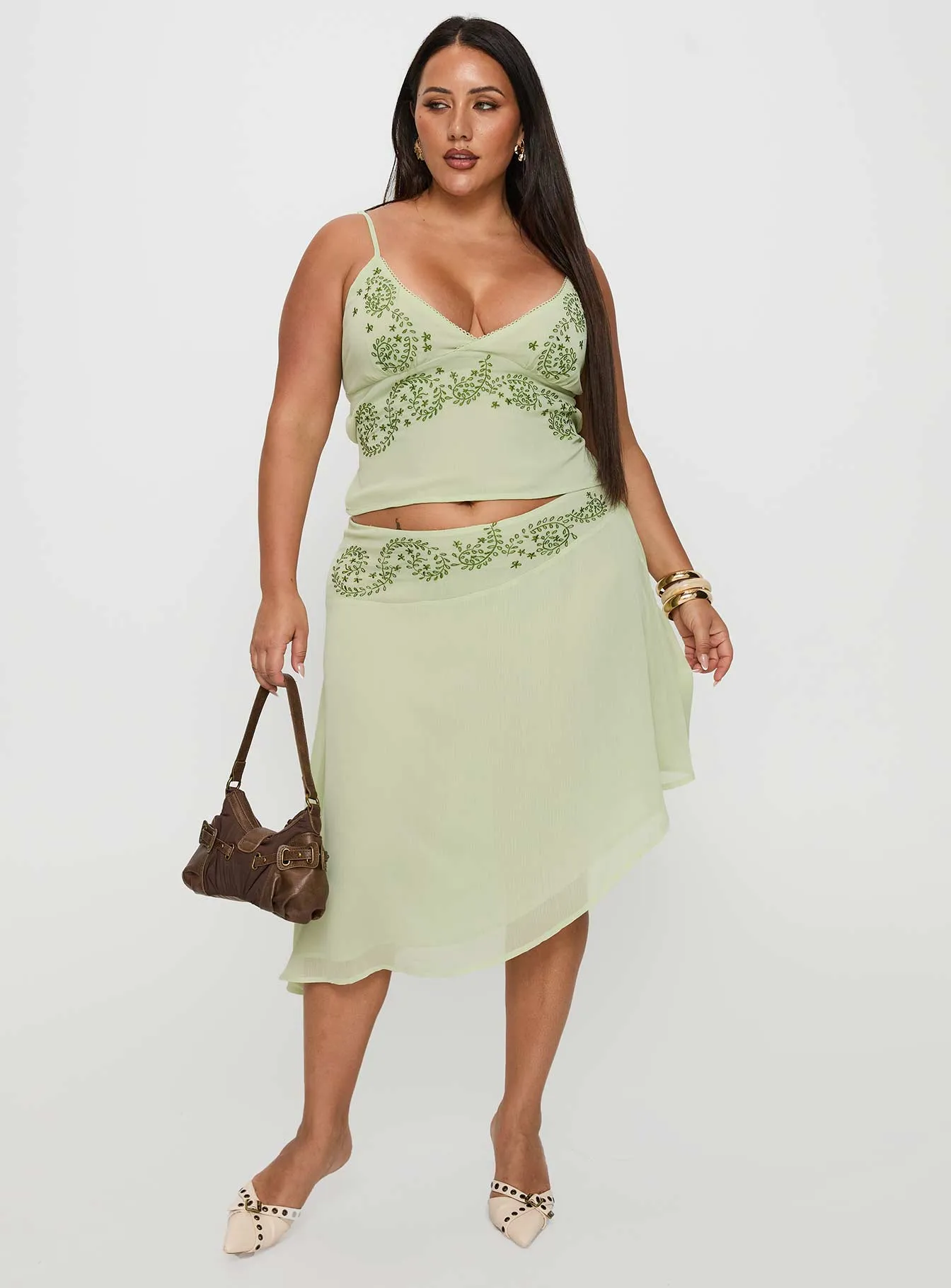 Pappilion Asymmetrical Midi Skirt Sage Curve Drawstring closure