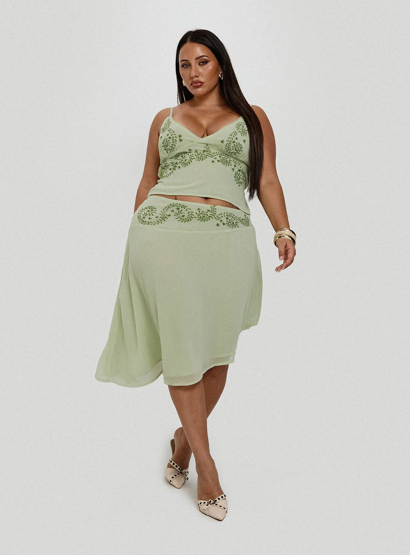 Wardrobe Basics Pappilion Asymmetrical Midi Skirt Sage Curve