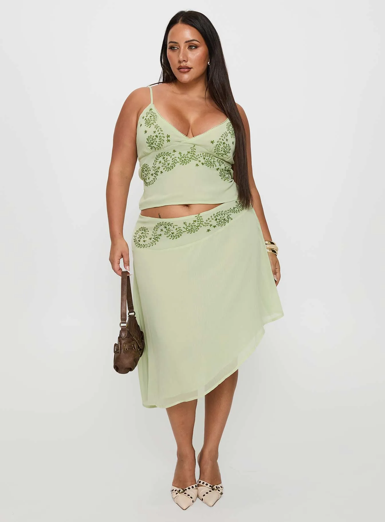 Collector??s Item Stretchable Waist Pappilion Asymmetrical Midi Skirt Sage Curve