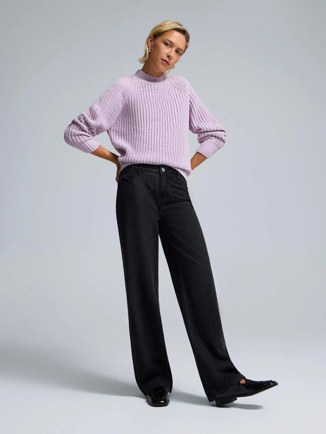 Elastic hem Mock Neck Shaker Stitch Sweater