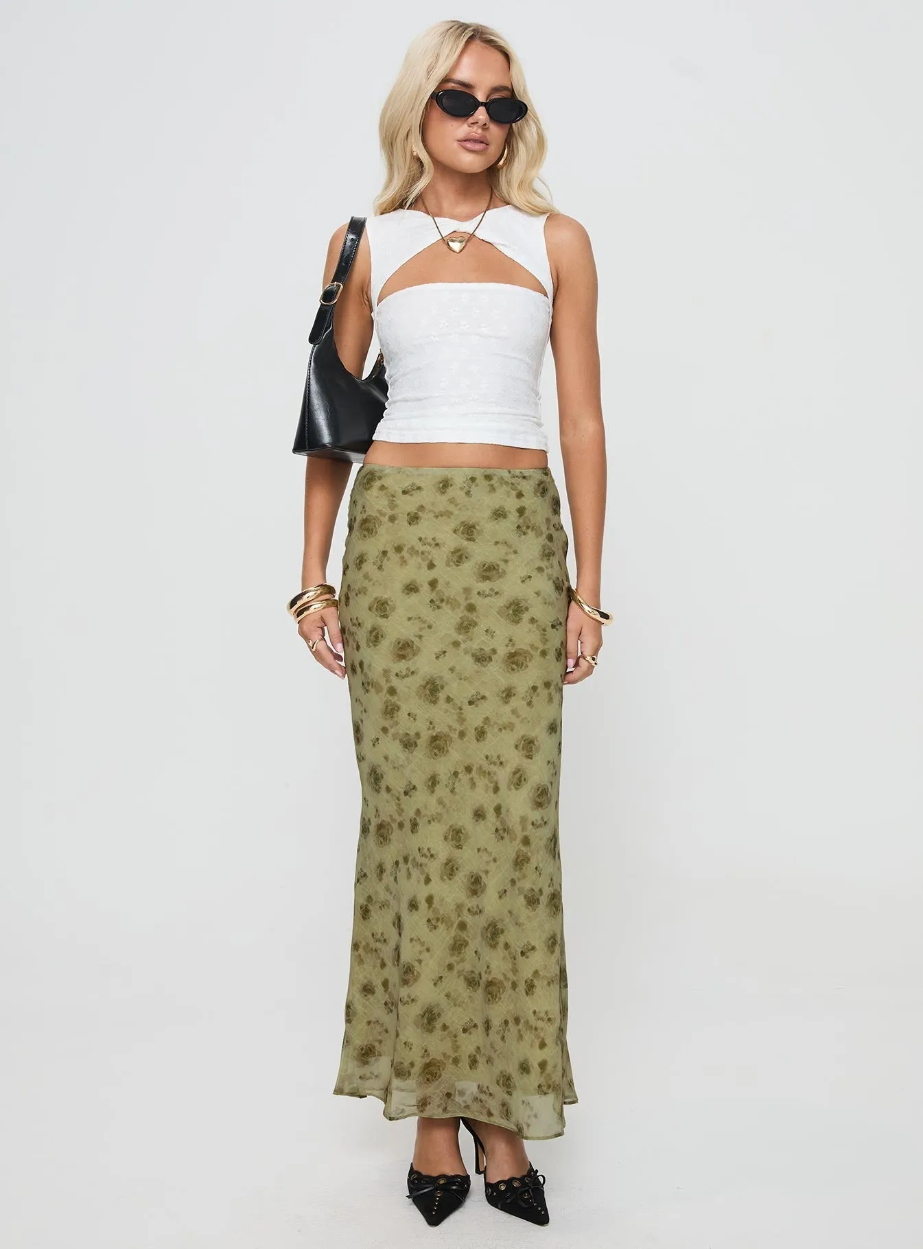 Piazia Maxi Skirt Green Weighted Hem Sequined Finish