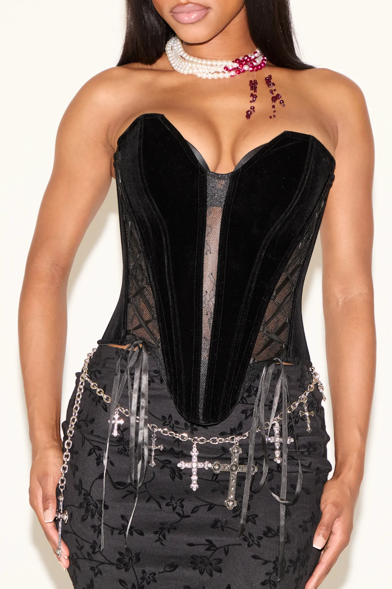 Beach relaxation POINTED HEM VELVET STRAPLESS CORSET TOP WITH RIBBONS
