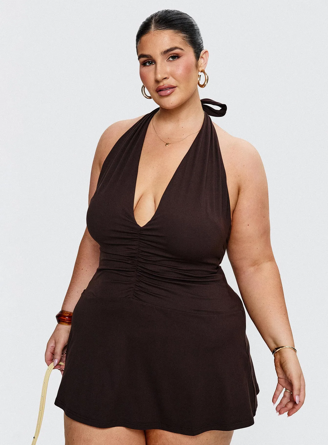 Rafelle Halter Mini Dress Brown Curve Metallic Finish Vibrant Look