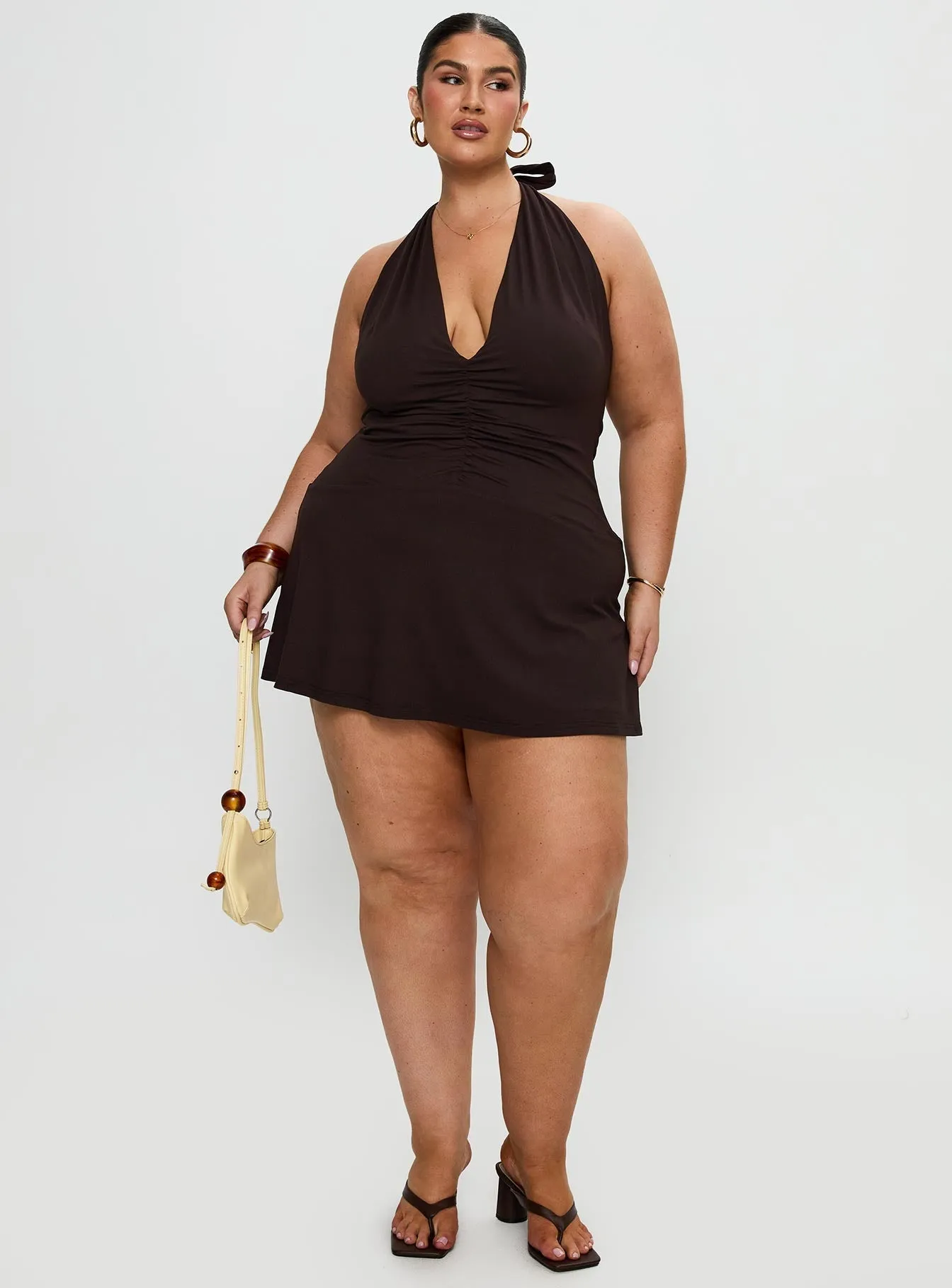 Sheer Look Effortless Comfort Rafelle Halter Mini Dress Brown Curve
