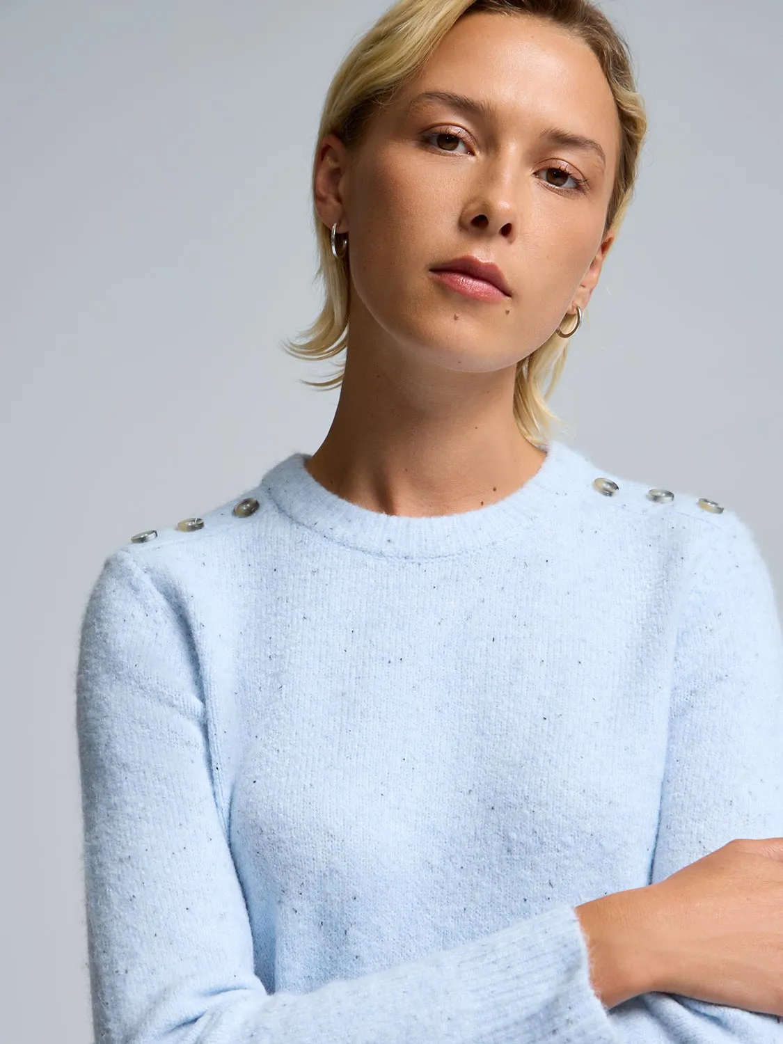 Light Cover Reflective Yarn Accent Crew Neck Sweater With Button Details