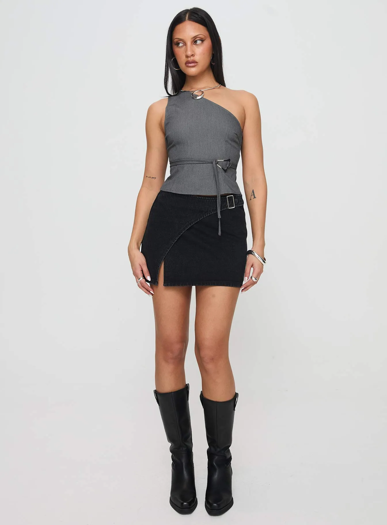 Lined interior Wait Up Denim Wrap Mini Skirt Washed Black