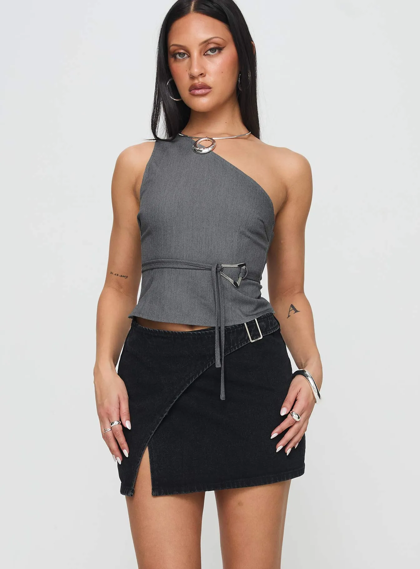 Wait Up Denim Wrap Mini Skirt Washed Black Must Have Feature Breezy Look