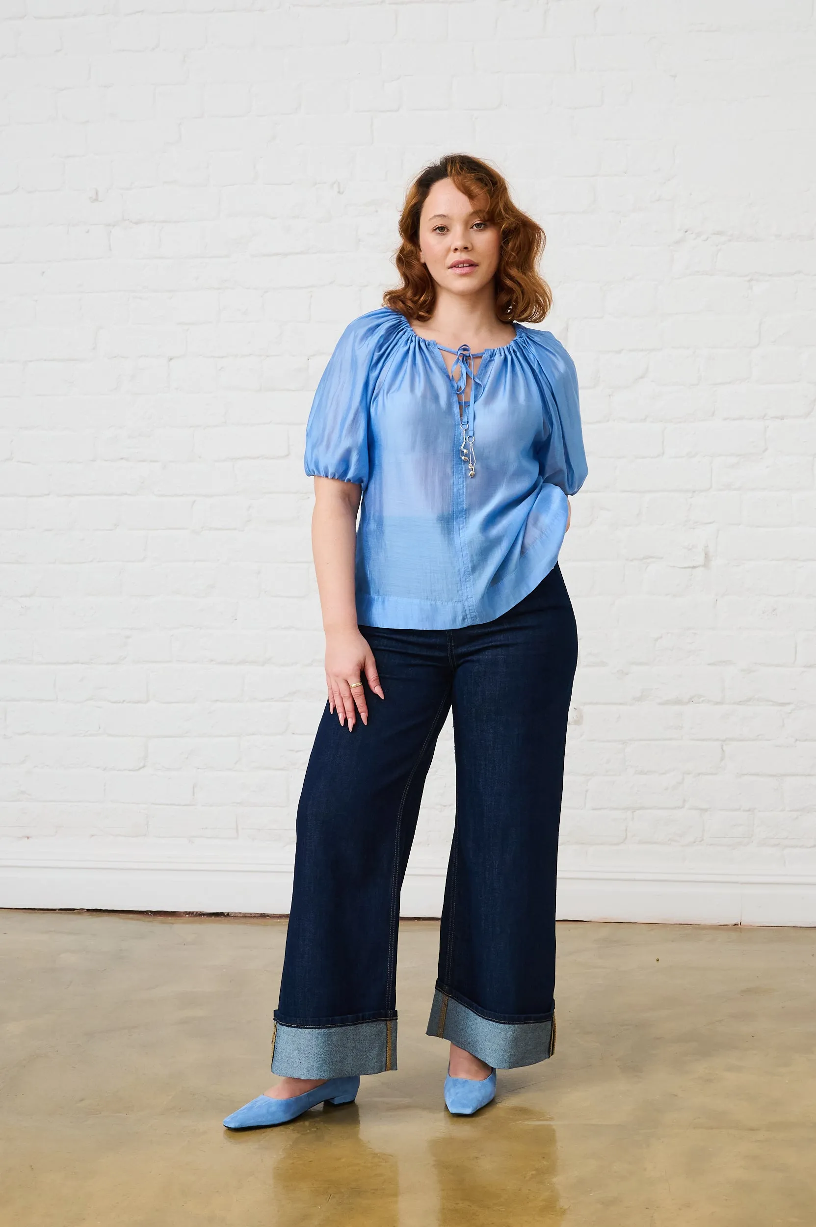 Heavyweight Weave Puff Sleeve Blouse in Cornflower Blue