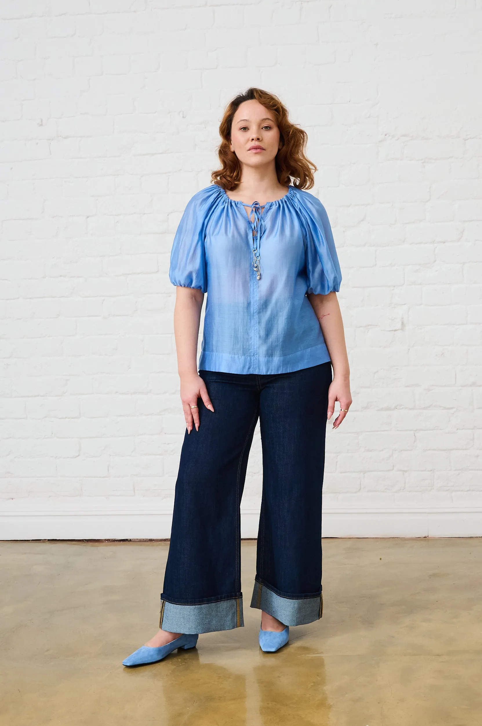 Puff Sleeve Blouse in Cornflower Blue V neck style Light Fit