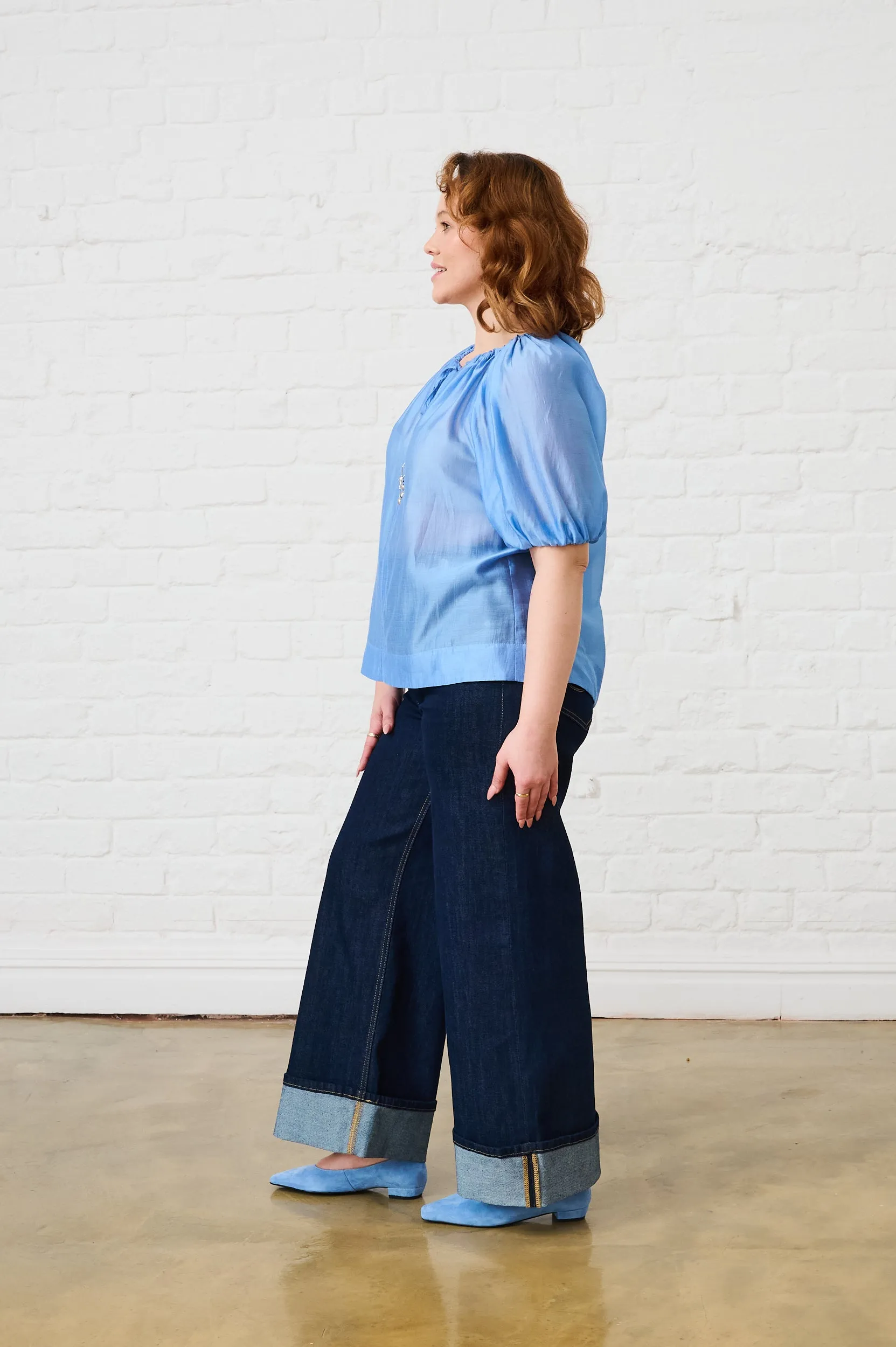Puff Sleeve Blouse in Cornflower Blue Perfect Layering Flattering Shape