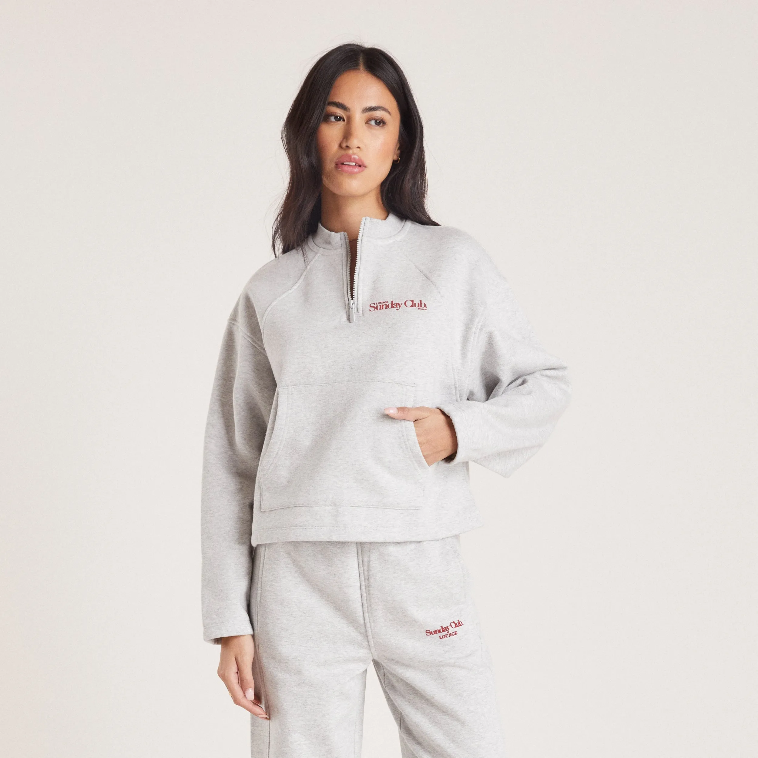 Quarter Zip Sweater - Grey Marl Bold Print